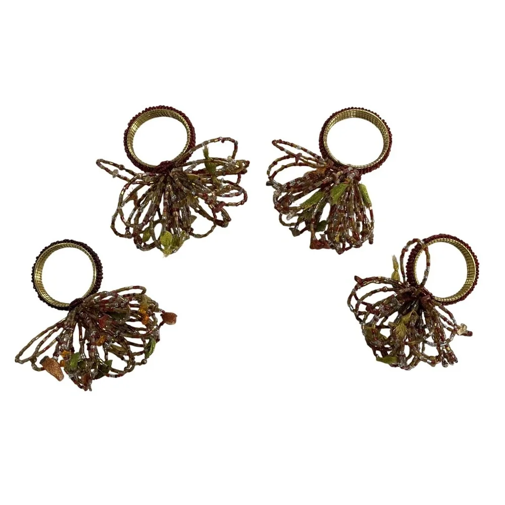 Pier One Napkin Rings Gold Amber Brown Beaded Floral Set Of 4 Boho‎ Hippie